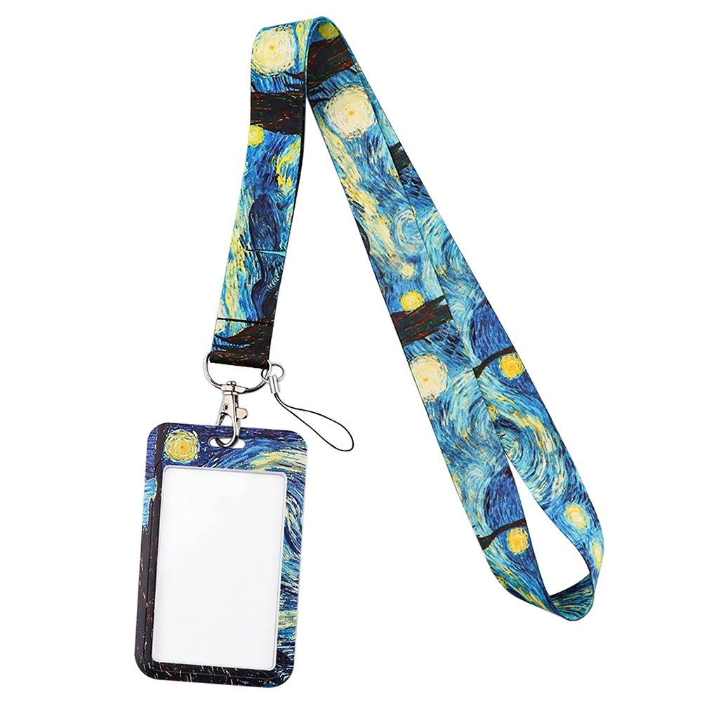 ER1605 Van Gogh Starry Sky Painting Lanyards ID Badge Holder Bus Pass Case Cover Slip Bank Credit Card Holder Strap Cardholder