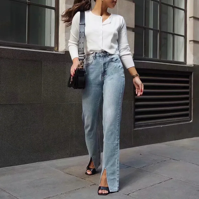 MosiMolly Vintage Blue Jeans Pants Women Split Floor Length Pants Women Denim Jeans Women Bottom Sprint New