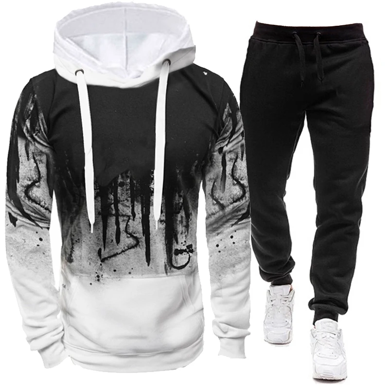 Fashion Men\'s Camouflage Printed Suit Sportswear Long-sleeved Sweater Pants Casual Running Clothes Men\'s Fitness Hoodie+Pants Cl