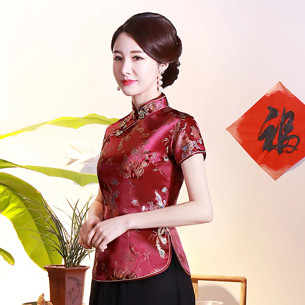 Chinese Style Short Sleeve T-shirt Traditional Chinese Mandarin Collar Women Qipao Tops Vintage Dragon Phoenix Tang Coat 4XL