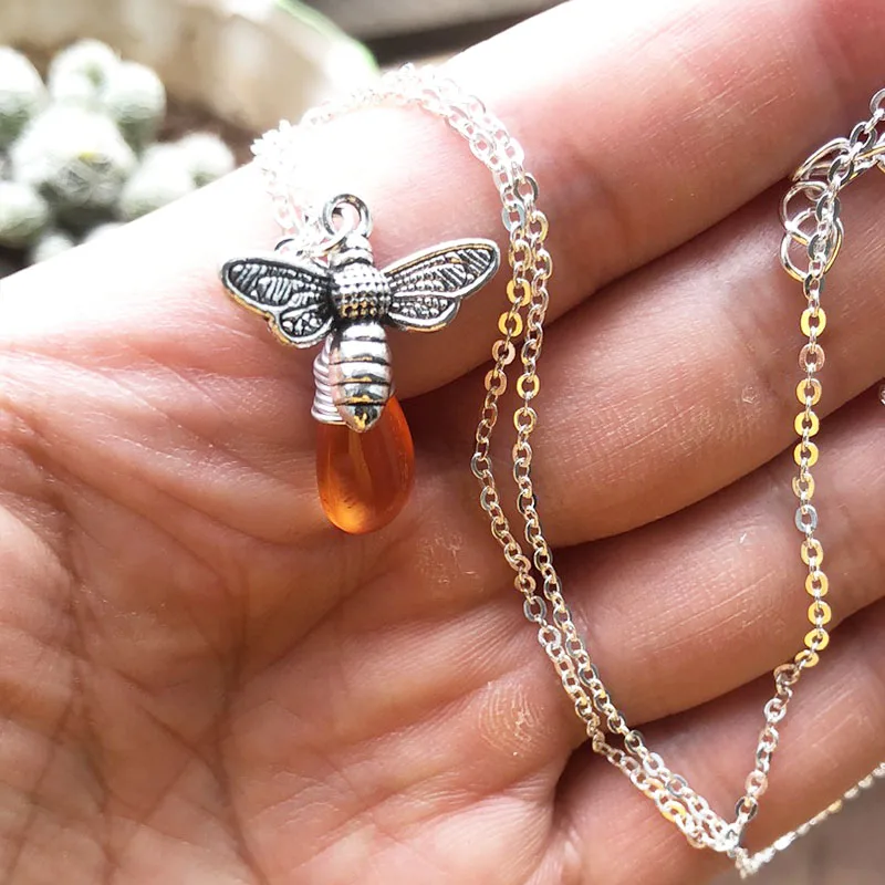 Honey Bee Necklace in Silver. Amber Wire Wrapped Briolette Charm Necklace.Honey Amber Necklace