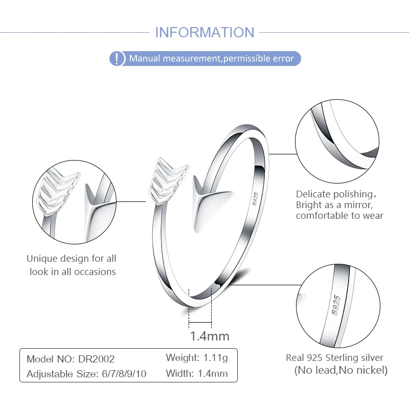 CLUCI 925 Sterling Silver Ring Jewelry Women Rings Silver 925 Zircon Adjustable Open Arrow Shaped Rings for Women DR2002SB