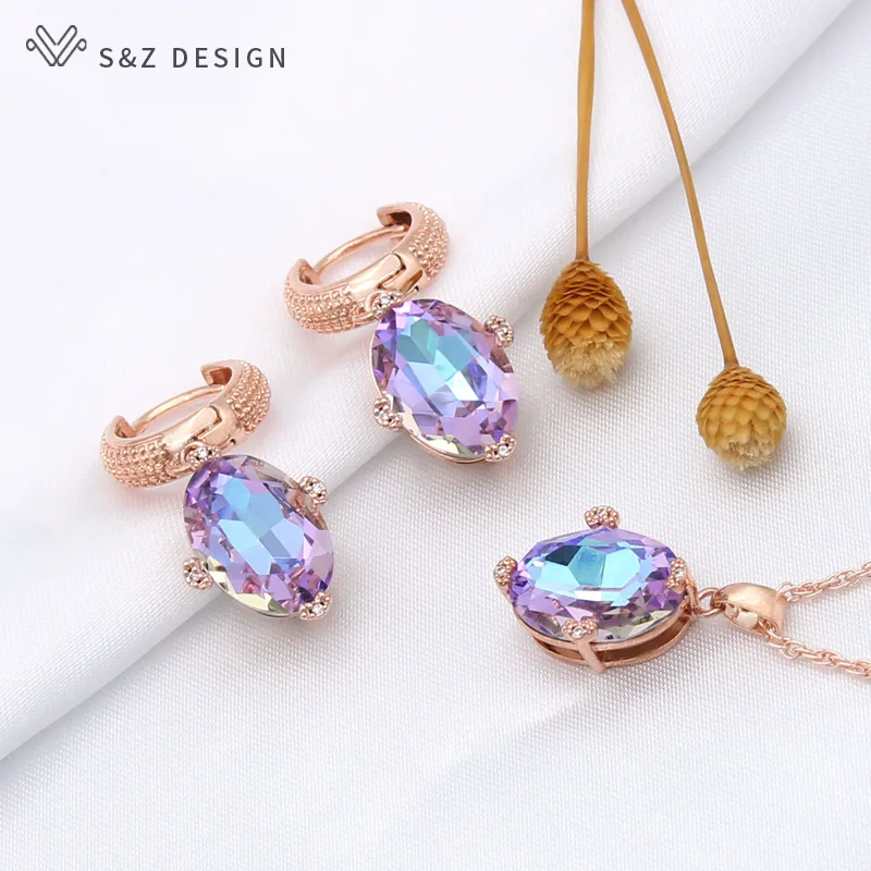 S & Z Design Nieuwe 585 Rose Goud Kleur Eivorm Ovale Bengelen Oorbellen Sieraden Sets Voor Vrouwen Hanger Ketting Kerstcadeau