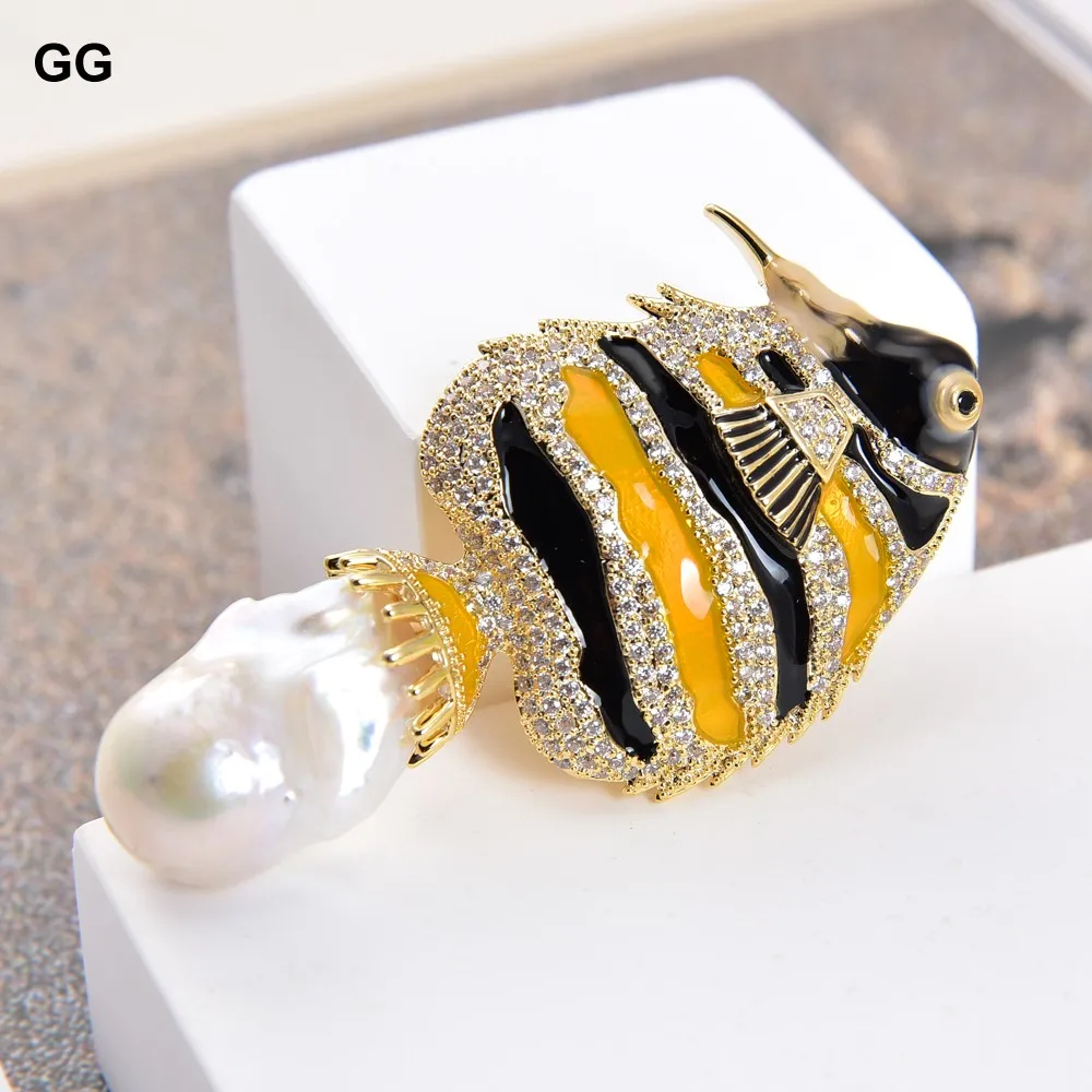 

GuaiGuai Jewelry Natural White Keshi Baroque Pearl Fish CZ Pave Brooch For Women Lady