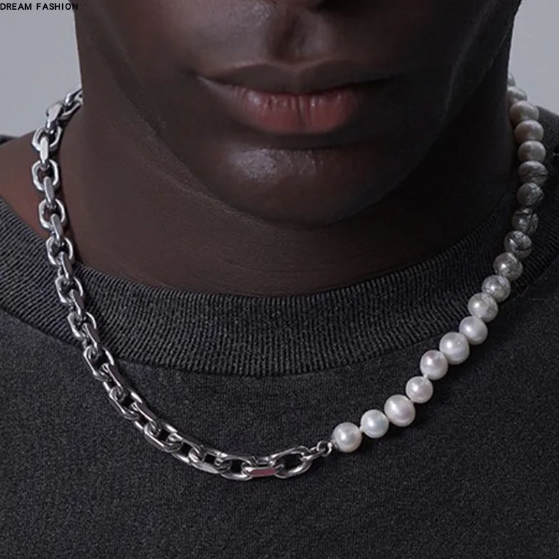 Hip Hop Half Pearl Half Cuban Chain Necklace for Men Women Collar Choker Punk Chokers 316L Stainless Steel Jewelry Accessories