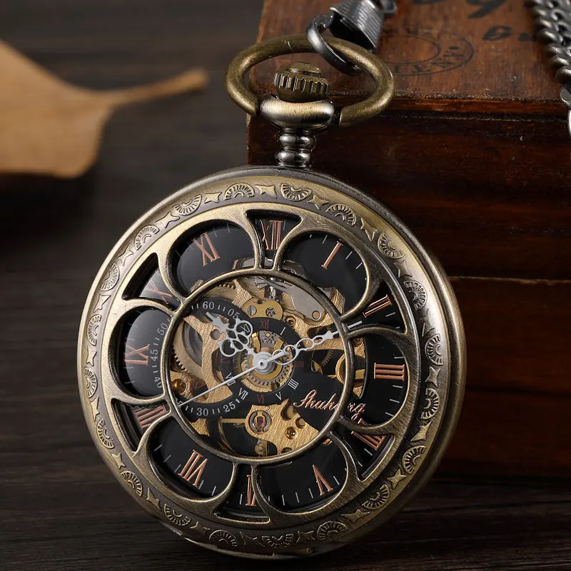 Vintage Bronze Setampunk Mechanical Pocket Watches Retro New Double-sided Hollow Skeleton Roman Dial Mens Pocket Watch FOB Chain