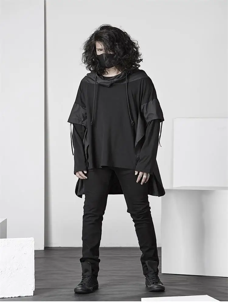 Men's new Korean version of the singer hairstylist T-shirt dark black fake two hooded personality nightclub stage costumes