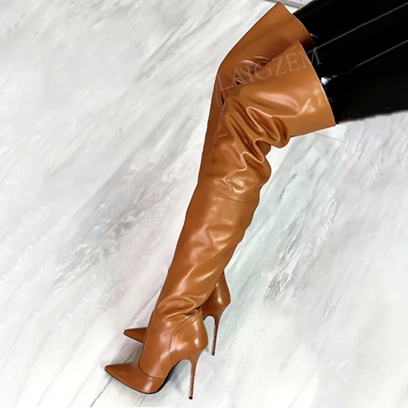 LAIGZEM Women Over Knee High Boots Side Zip Stiletto Heels Boots Botas Mujer Ladies Girls Unisex Shoes Woman Botas Size 43 44 47