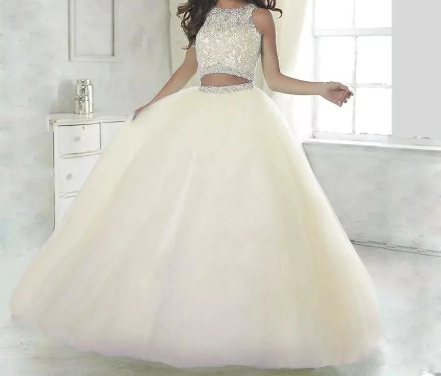 Vestido de baile de encaje de dos piezas, quinceañera, 15 años, largo hasta el suelo, Apliques de encaje, 16 vestidos de graduación, 2019