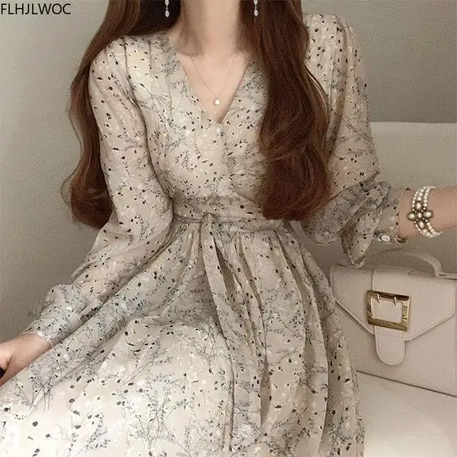 2020 Autumn Basic Long Dress Long Sleeve V Neck Floral Printed Retro Vintage A Line Women Dresses Chic Korea Fashion Vestidos