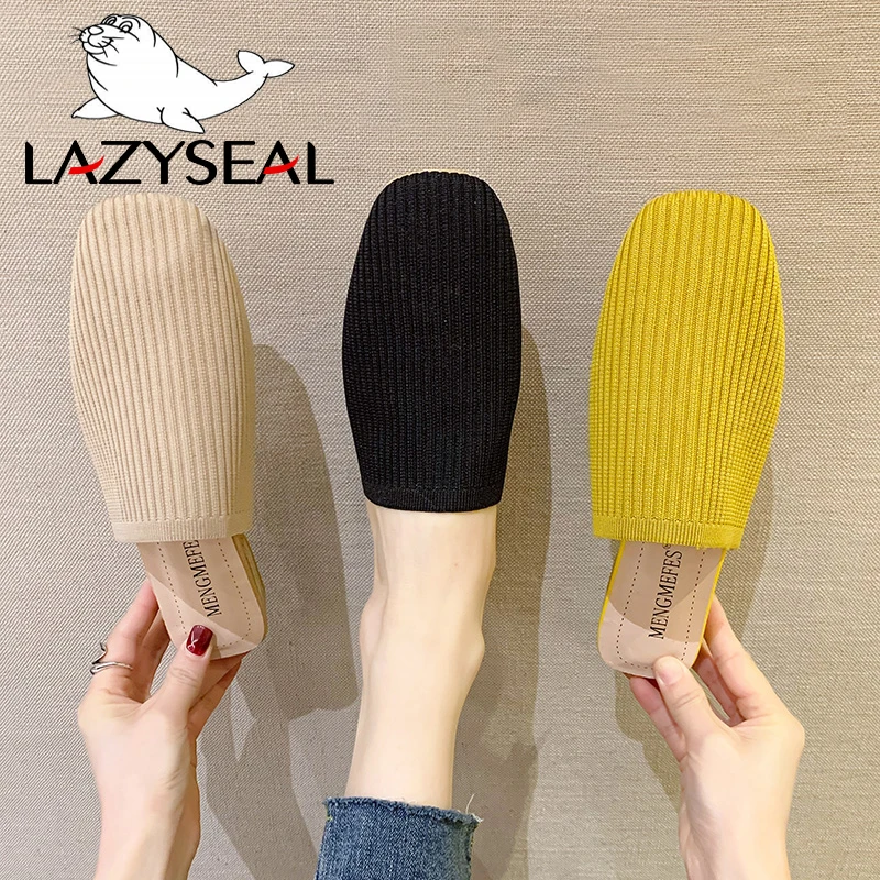 LazySeal Women Mules Knit Fabric Slippers Med Chunky Heel Casual Summer Stretch Fabric Heels Sandals Women Slides Pumps 3 CM