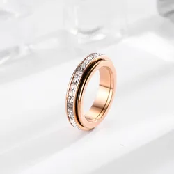 high quality Rotating Shiny Circle Square Crystal Ring for Women Titanium Steel Gold Color Luxury Famous Brand Jewelry Love Ring
