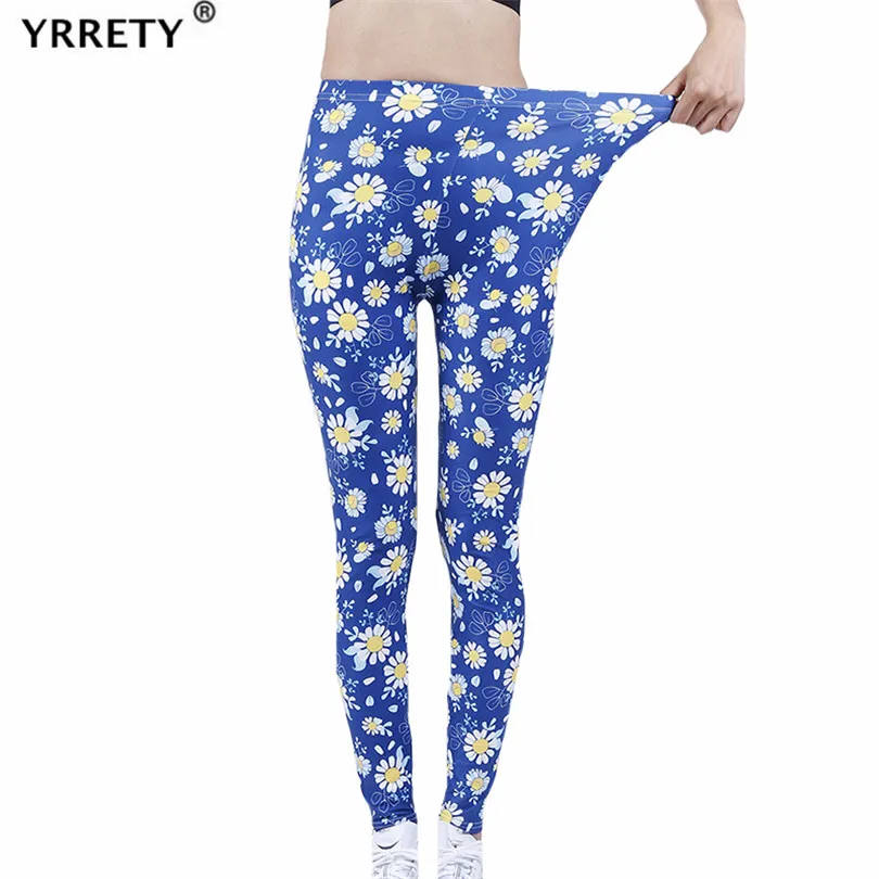 Yrrety fitness yoga calças femininas de cintura alta leggings push up elástico crisântemo imprimir esporte feminino sólido tornozelo-comprimento inferior