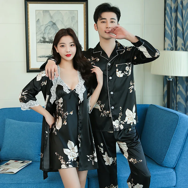 Sexy Flower Printed Rayon Women Robe Sets Men Top Trousers Pajama Suit Couple Pyjamas Wedding Morning Gown Home Service