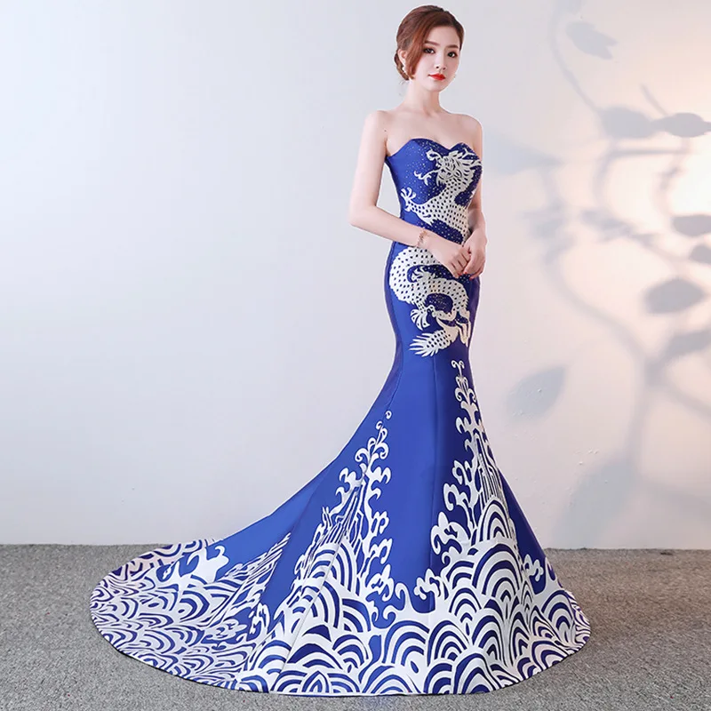 

Sexy Mermaid Trailing Cheongsam women Oriental Evening Dress Chinese Style Blue and white porcelain pattern Qipao Vestidos