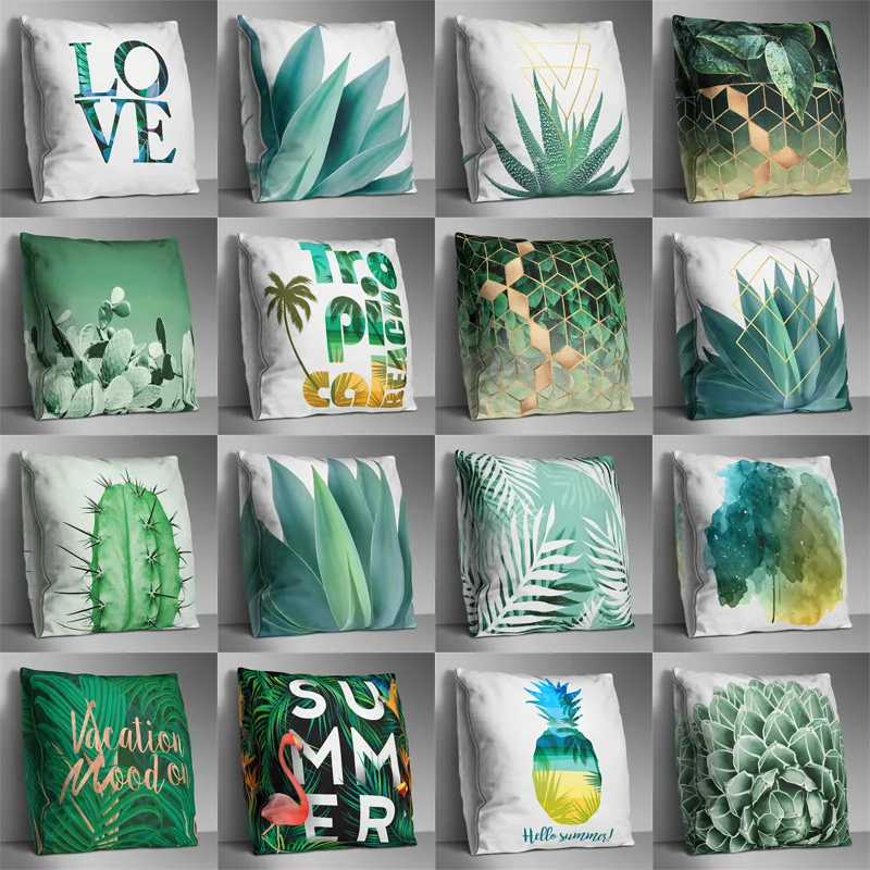 Double side Print Leaf Pillowcase Spring Day Forgive Cushion Cover Color Green Lumbar Geometric Banana Pineapple Letter 45x45cm