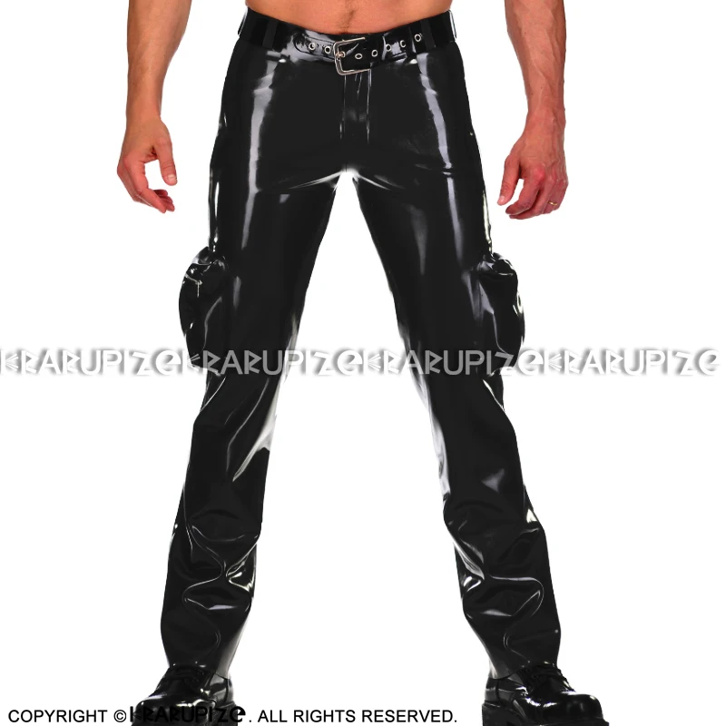 Black Sexy Latex Cargo Pants With Pockets At Sides And Back Zippers Long Rubber Trousers Bottoms CK-0081