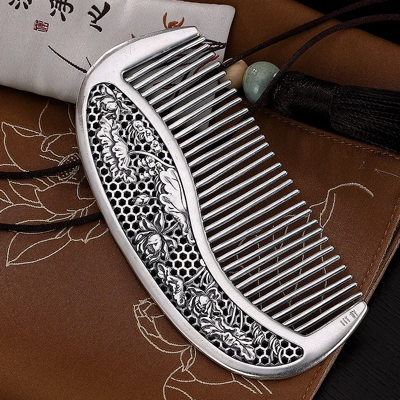 999 Pure Silver Retro Hollow Lotus Leaf Silver Comb Personality Creative Hair Comb