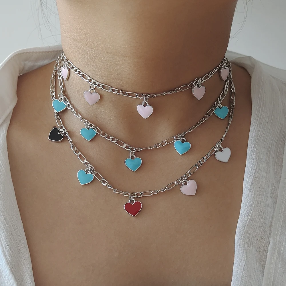 ZX Hip Hop Silver Color Metal Chain Chokers Short Necklace Fashion Women Girls Cute Heart Pendants Necklace Wholesale Party Gift