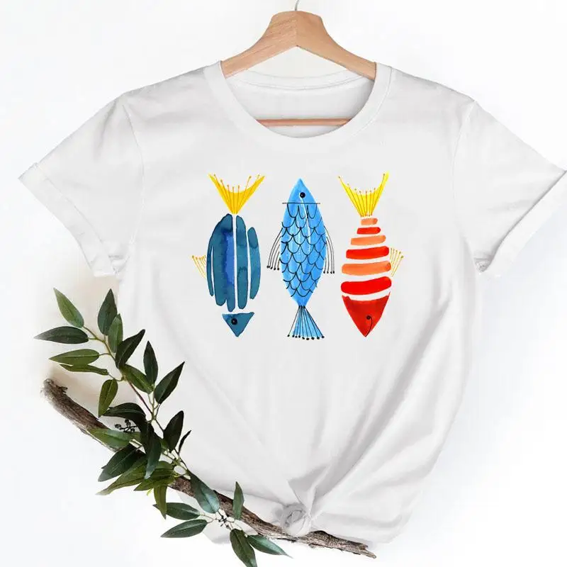 Tee Shirt T Fish Watercolor Printing Women Casual Fashion Tshirt Top Female Lady Clothes Short Sleeve Graphic T-shirts