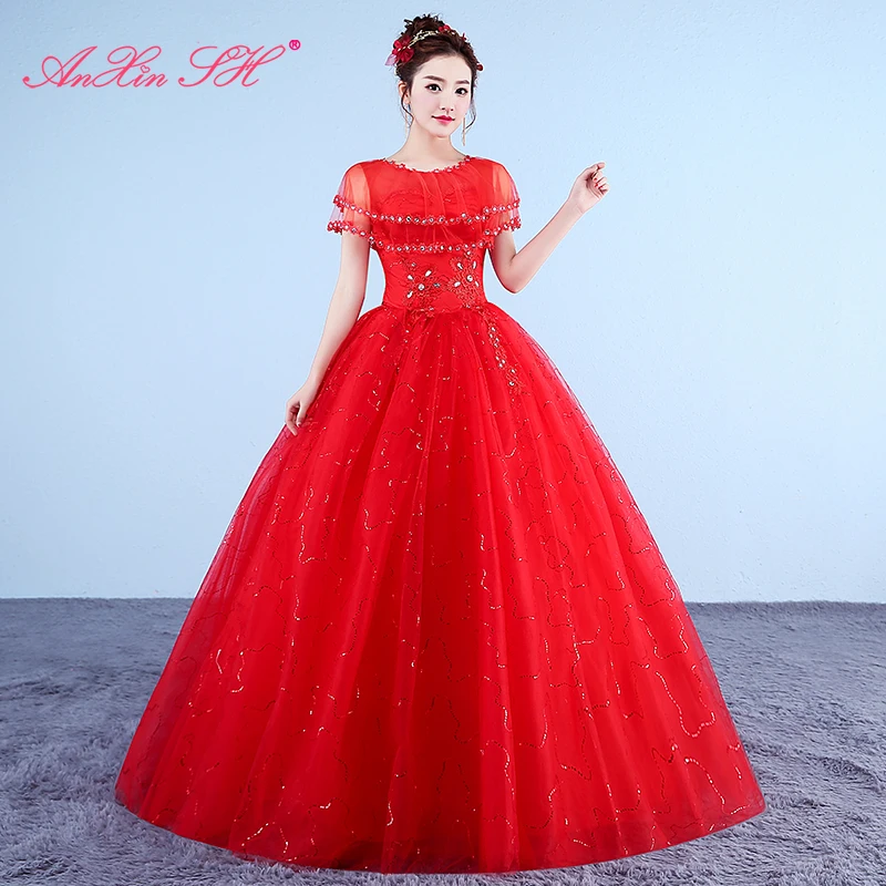 AnXin SH flower lace red princess vintage o neck illusion flower batwing sleeve lace turkey white customized wedding dress