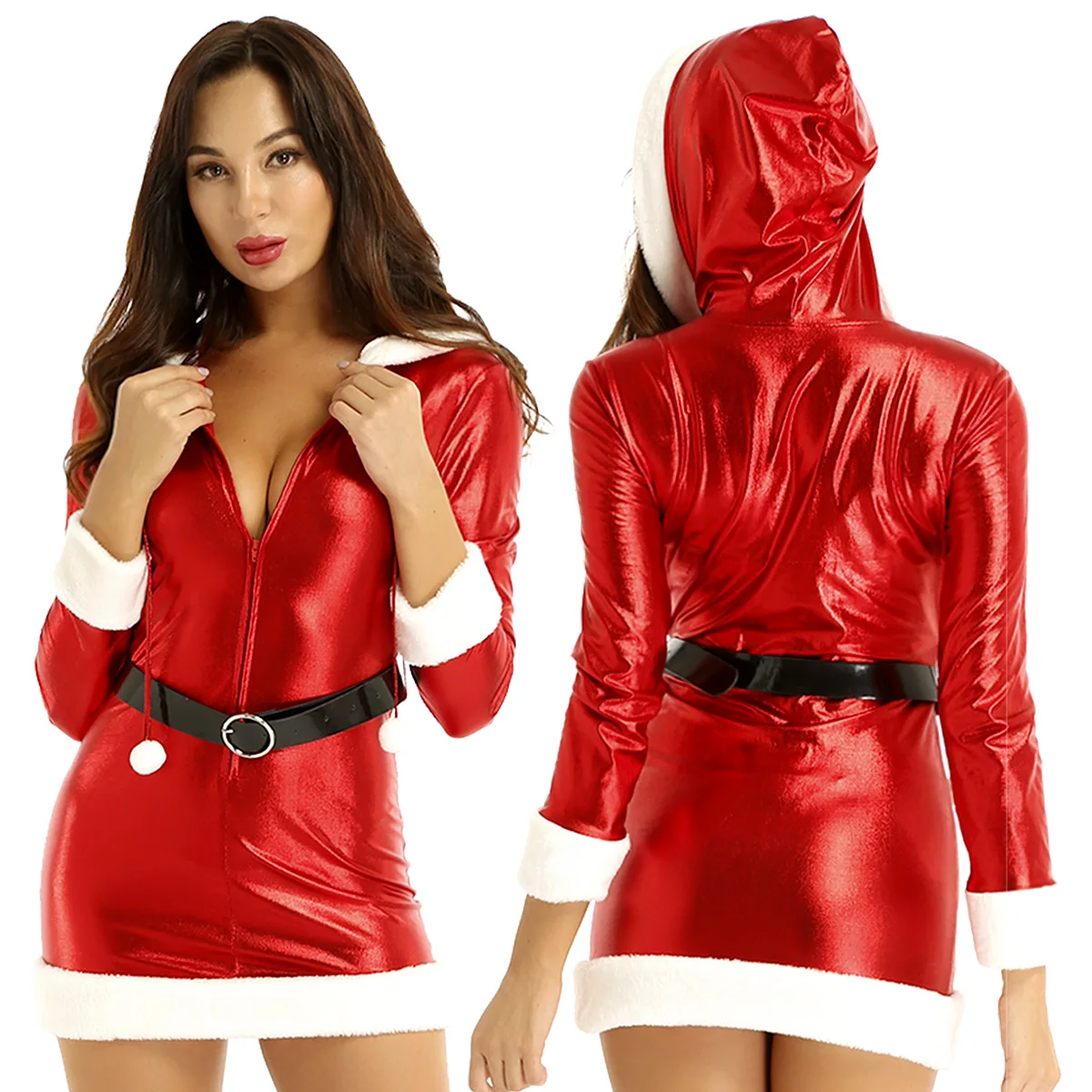 

Women's Christmas Mrs Claus Santa Costume Metallic Shiny Hooded Skinny Dress with Belt for Carnival Rave Party Dress Up Clubwear