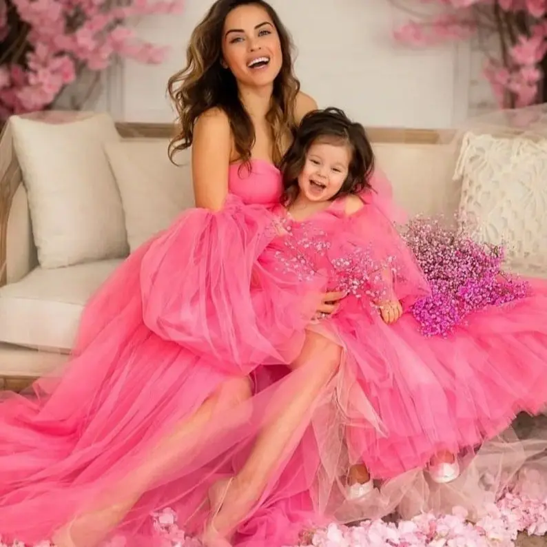 Dreamy Mommy and Me Matching Dresses Pink Tulle Mom and Kids Party Dress for Birthday Mother Daughter Prom Gown Evening Dress