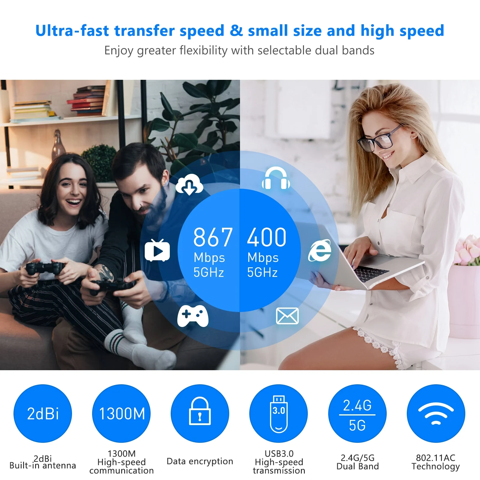 EDUP 1300Mbps USB3.0 Wireless Network Card WiFi Adapter 2.4Ghz 5.8Ghz Dual Band Portable Stable Signal Adapter Desktop Laptop