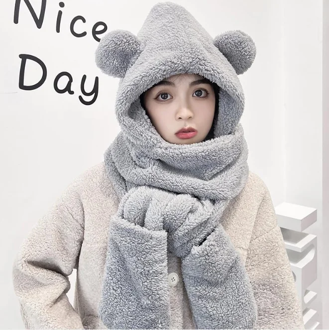 Little Bear Hat Scarf Autumn Winter Scarf Female Hat Scarf Gloves One Cartoon Cute Warm Plush Girl Fashion White