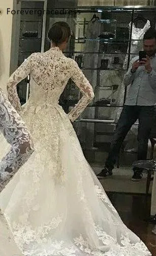 Glamorous-Vestidos de Novia de encaje de manga larga, cuello alto, apliques completos, botones cubiertos, vestidos de novia