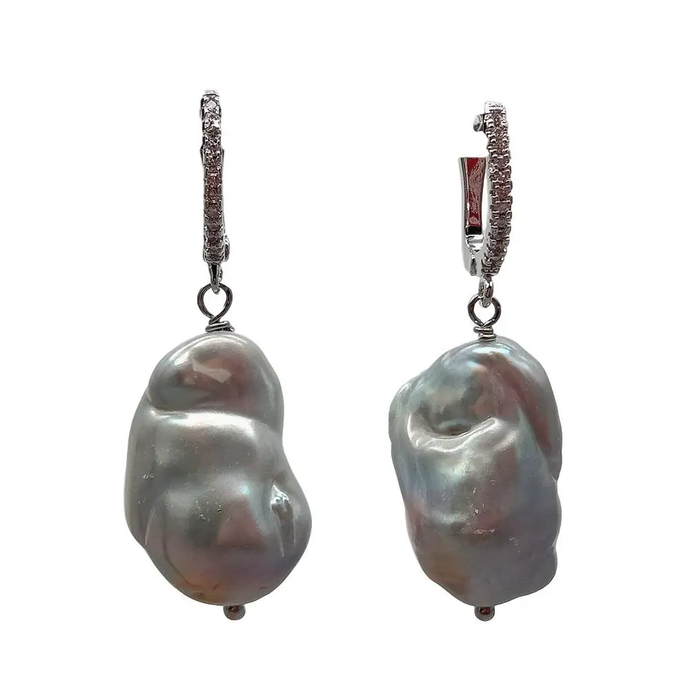 YYGEM natural Cultured Silver Gray Nucleated Flameball Baroque Pearl Cubic Zirconia Pave LeverBack  dangle Earrings - view 3