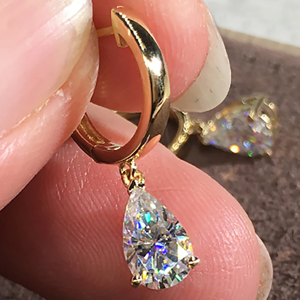 Custom Solid 14K Yellow Gold Women Drop Clip Hoop Earrings Moissanite Diamonds 1 Carat Water Drop Wedding Engagement Anniversary