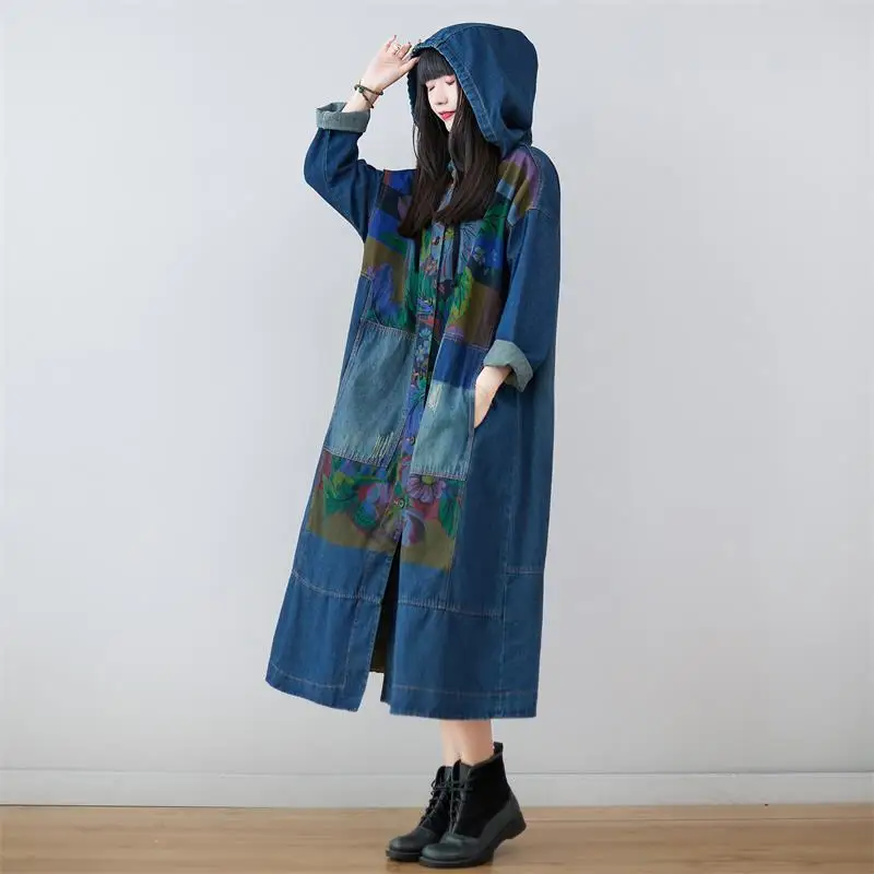 Printed Cowboy Trench Women Chinese style Streetwear Hoodie Windbreaker Loose Long style Coat Casual korean Denim Waisted Coat