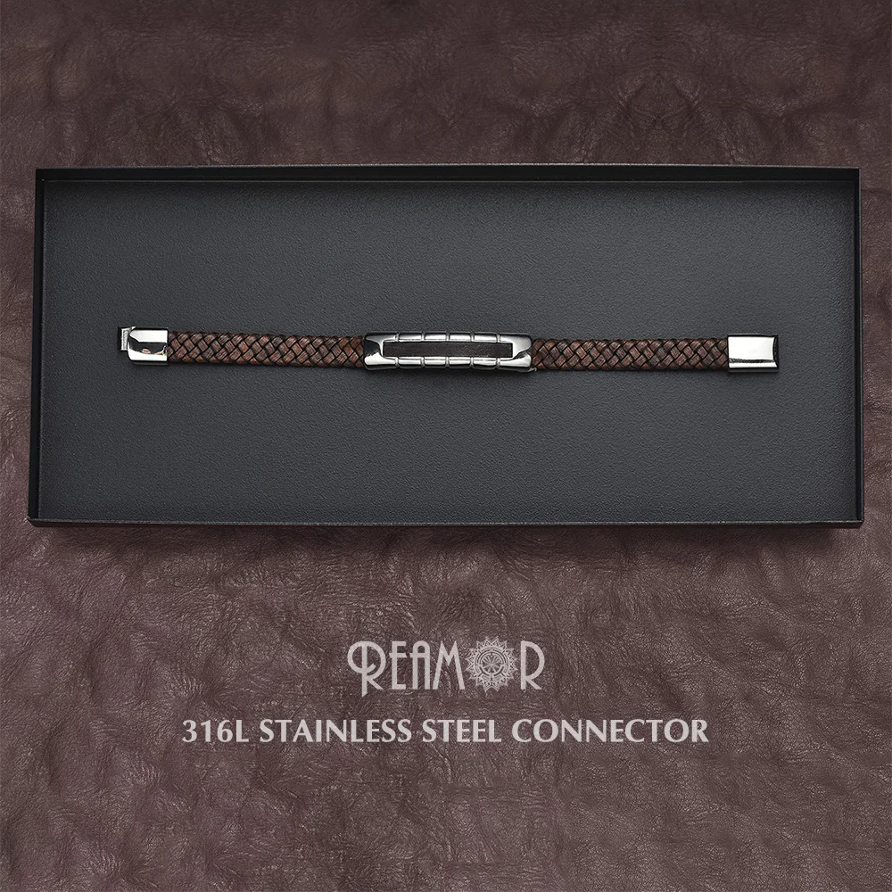 REAMOR Luxury New Stainless Steel Inlay Leather Connector Bracelets Mens Brown Genuine Leather Bracelet Mens Gift Jewelry