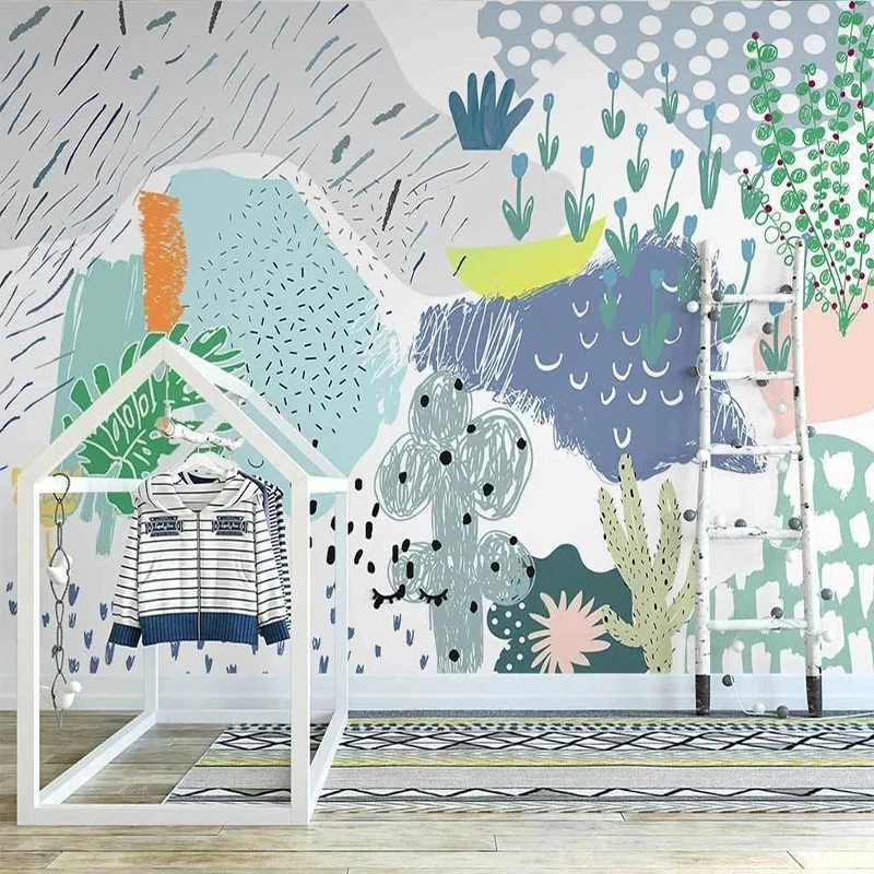 Custom Nordic Fresh Plants Abstract Color Geometric Wallpaper wall Cloth hildren's Room Cartoon Background Wall Home Decor Mural