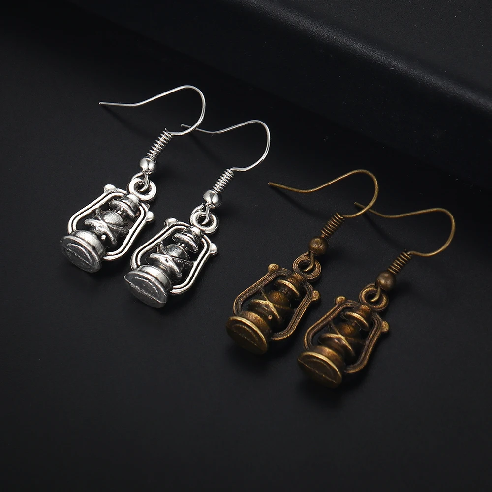 Trendy Vintage Oil Lamp Shape Dangle  Antique Silver Plated Earrings for Women Girl Retro Drop Earrings Cute Earring Jewelry