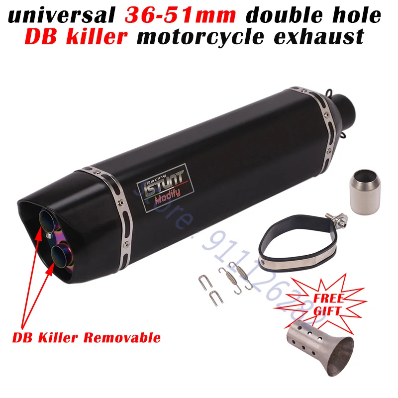 570MM Motorcycle Tail Exhaust Escape Double outlet Pipe Muffler Tip Tubes System DB Killer 2 holes For MT09 duke790 R3