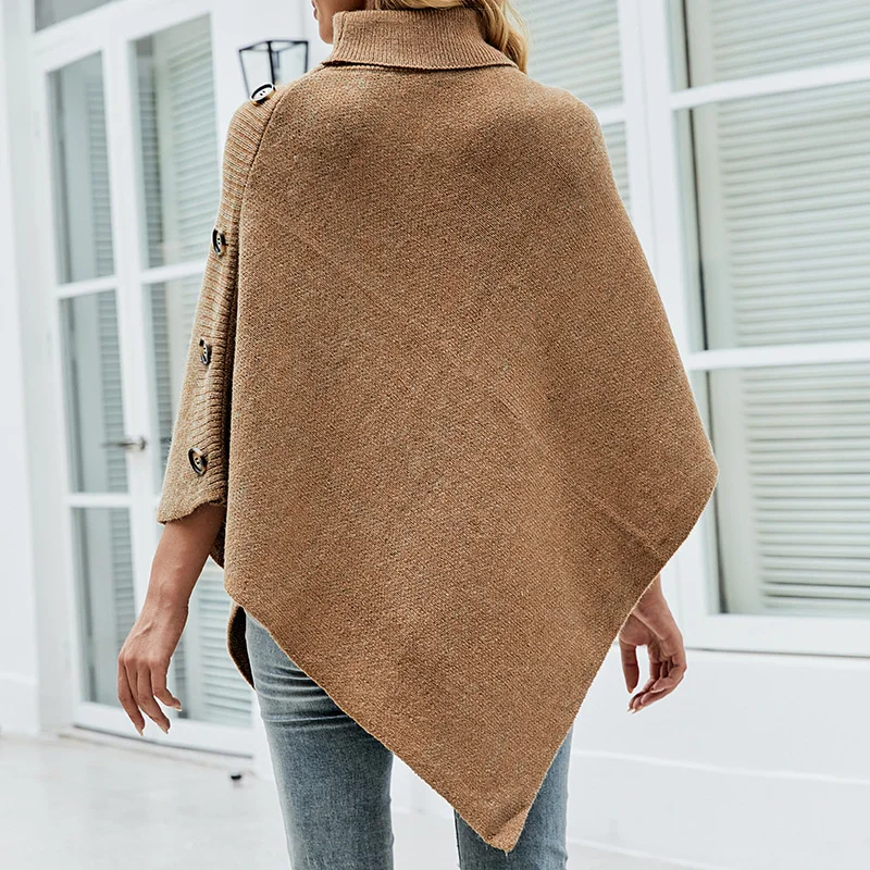 Suéter de cuello alto de gran tamaño para mujer, poncho de punto con manga de murciélago, otoño e invierno, 2023