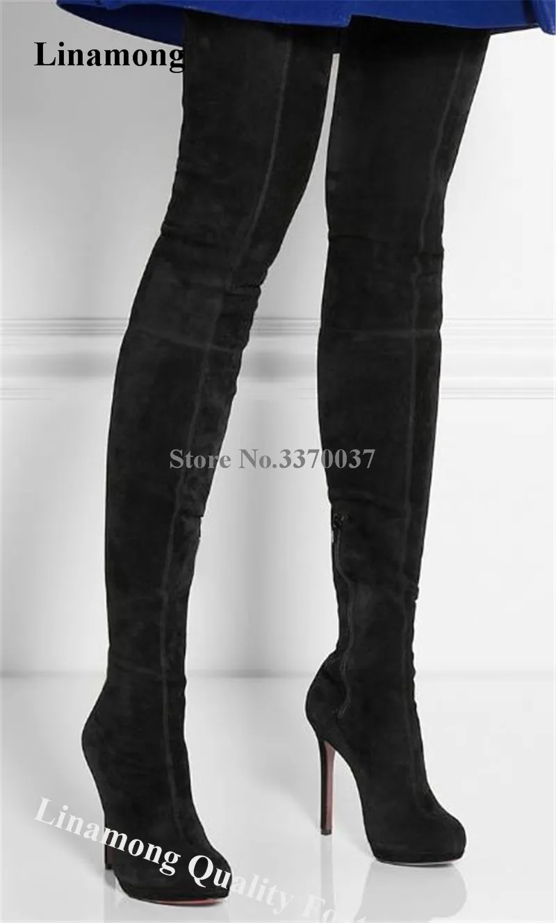 Linamong Fashion Round Toe Suede Leather Stiletto Heel Over Knee Boots Slim Black Bandage Thigh High Long Boots Dress Shoes