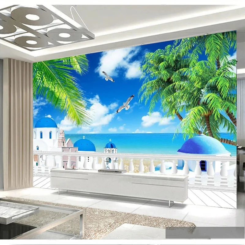 Custom Photo Wallpaper Modern 3D Blue Sky And White Clouds Coconut Tree Tv Background Wall Home Decor Murales De Pared 3D Papel