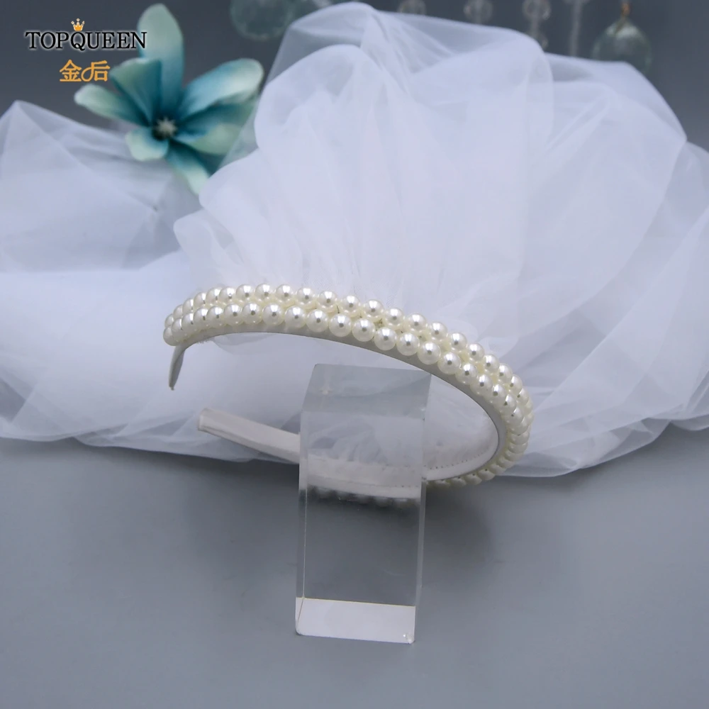 TOPQUEEN V58 Headband With Grid Veil Bridal Veil Wedding Accessory Long Veil Wedding Bride With Pearls Waltz Veil For Bacheloret