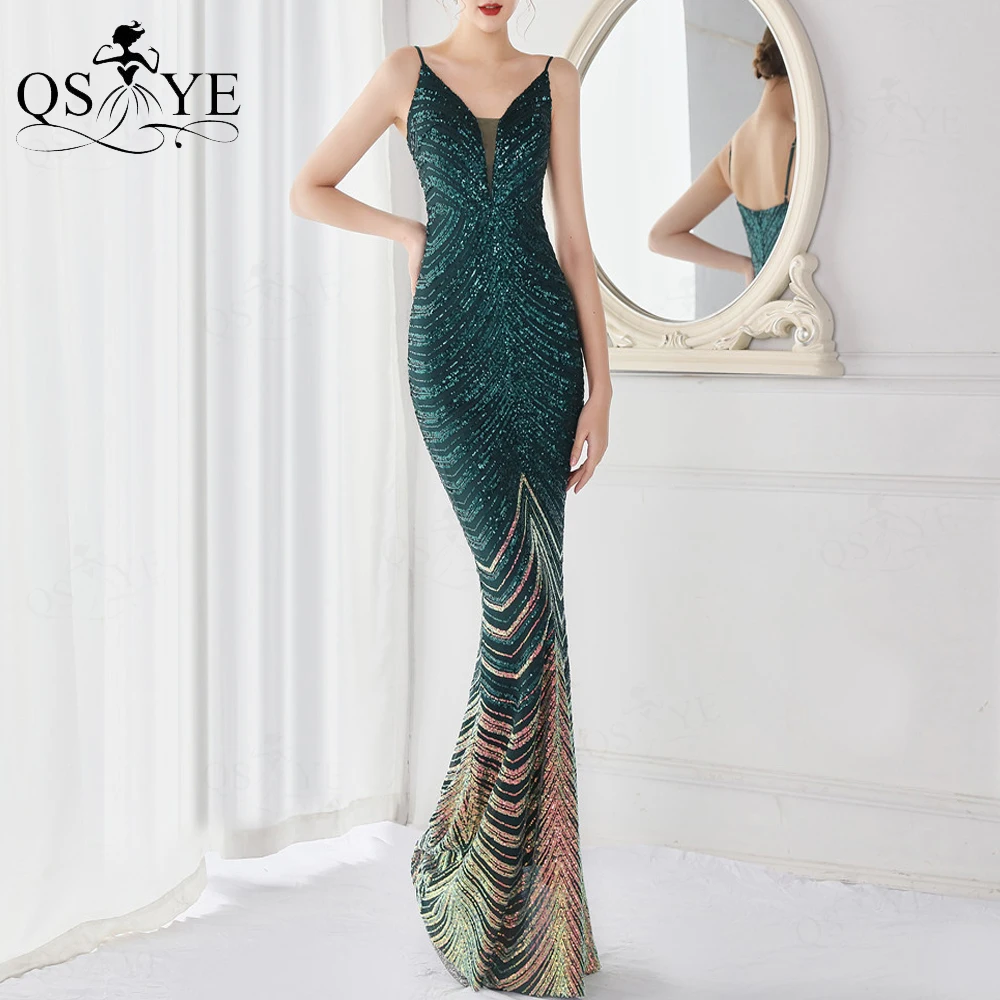 

Green Mermaid Prom Dresses Sequin Gold Bottom Evening Gown Spaghetti Straps Formal Party Dress V Neck Wave Lace Elegant GownChic