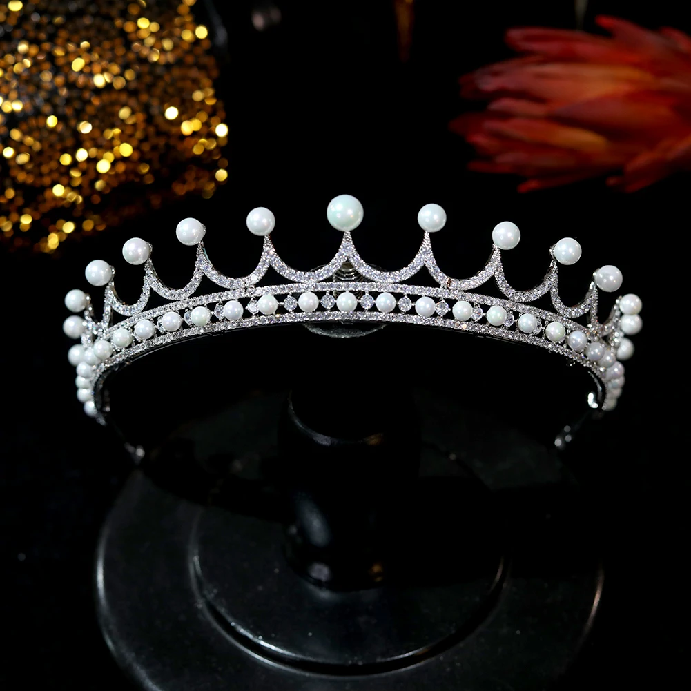 

Luxury Tiaras and Crowns, CZ Pearl, Wedding Hair Accessories, Sparkly Bride Pearl Crystal Headwear，European Classic Queen Crown