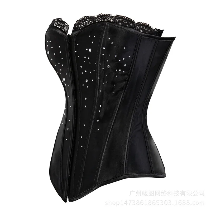 Plus Size Corpete Women Corsets Rhinestone Satin Black Corset Top Bustier Overbust Hot Body Shaper Sexy Female Corselet