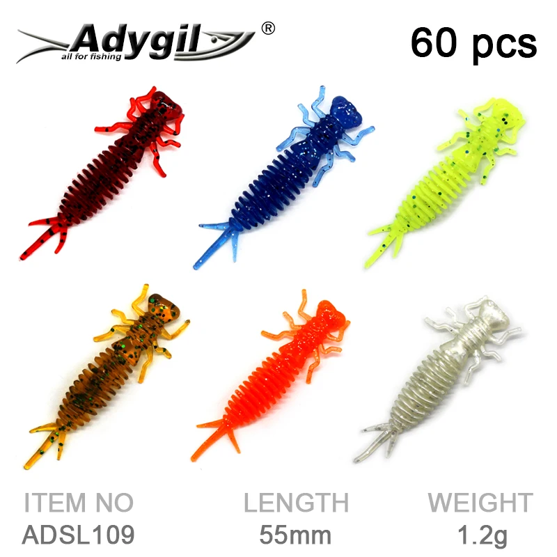 Adygil ADSL109/BRC55 Soft Silicone Lures for Bass, Trout, Crappie, 60pcs/Pack, 6 Colors, 10pcs Each Color.