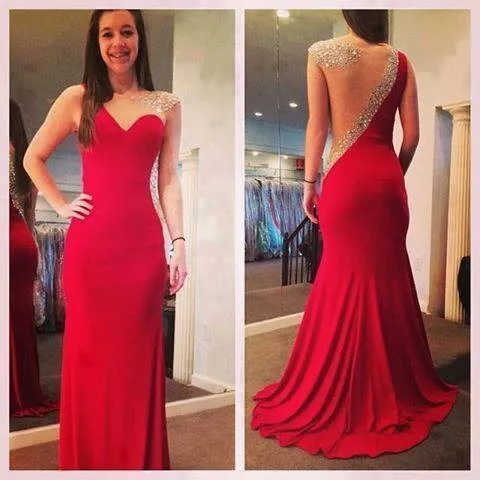 2015 Fashion Illussion Jewel Sleeveless Beaded Sheer Back Mermaid Prom Dresses