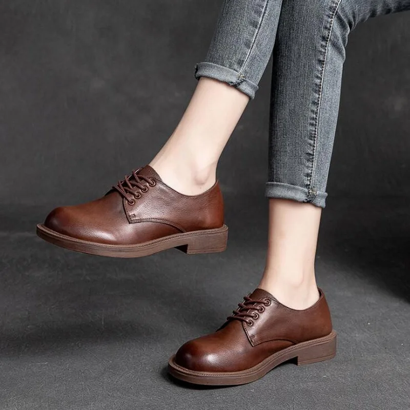 

RUSHIMAN Oxford Shoes Women Genuine Leather 2021 New Autumn Fashion Retro Lace Up casual comfortable single shoe work Shoes