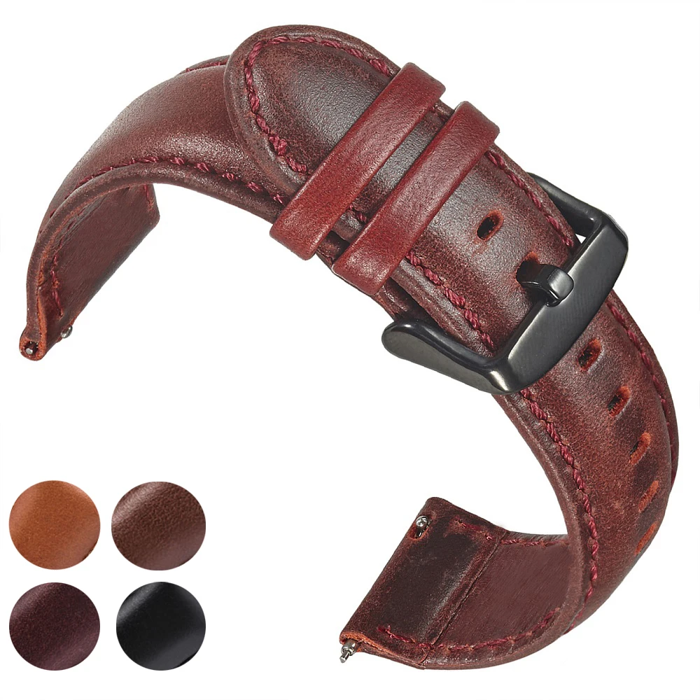 Oil Wax Genuine Leather Watchband 18mm 20mm 22mm 24mm Red Cowhide Leather Watch Bracelet Strap For Samsung Galaxy Watch 42 46mm