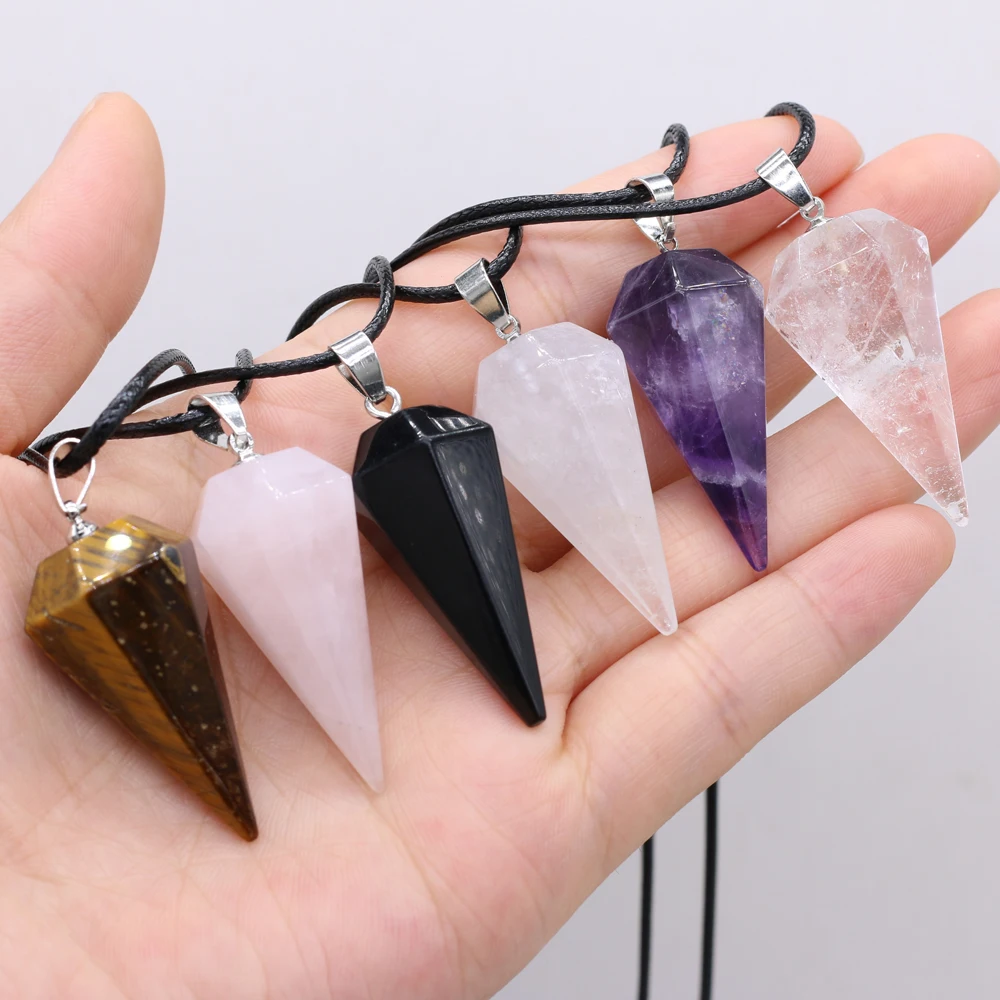 Natural Stone Necklace Cone Shape Pendulum Amethyst Crystal Pendant for Women Necklace Jewelry Reiki Healing Gifts