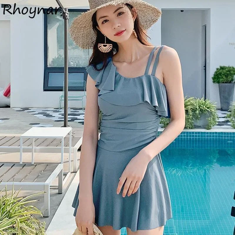 Cover-up Women Korean Style Sexy Off Shoulder Slim Ruffles Preppy Girls Young Beachwear Solid Elegant Cute Sleeveless All-match